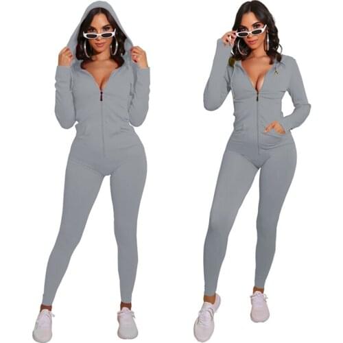 TNNAOFF Solid Hooded Bodycon Jumpsuits Tracksuit for Women 2021 Fashion Zip Long Sleeve One Piece Club Outfits Rompers Overalls