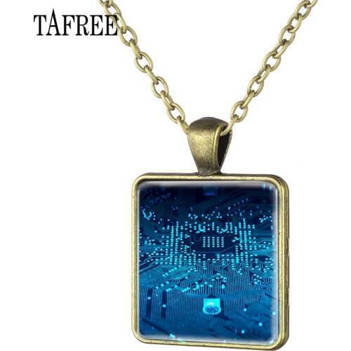 TAFREE Computer Circuit Board Square Pendant Necklace Bronze chain vintage choker statement Necklace women Jewelry QF05