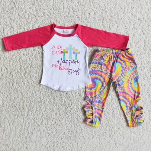 Easter Fashion Baby Girls Festival Outfits Long Sleeve Hot Pink Cross Top Tie Dye Legging Pants