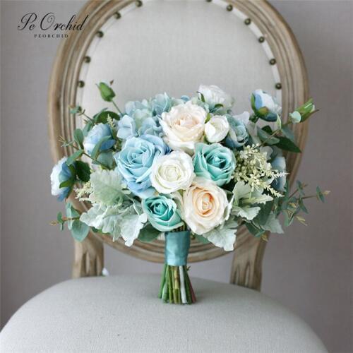 PEORCHID Tiffany Blue Rose Wedding Bouquet Bride Flowers Artificial Handmade Vintage Bridal Bouquet Ramo De Novia Azul 2019