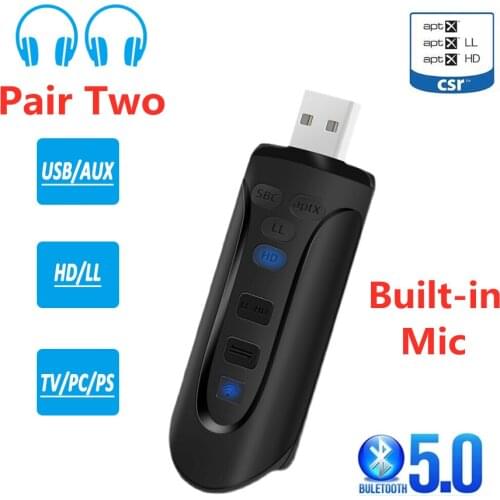 CSR8675 AptX HD/LL USB Bluetooth 5.0 Transmitter 3.5mm AUX Jack RCA Wireless Audio Adapter Dongle & Mic for TV PC Desktop Laptop