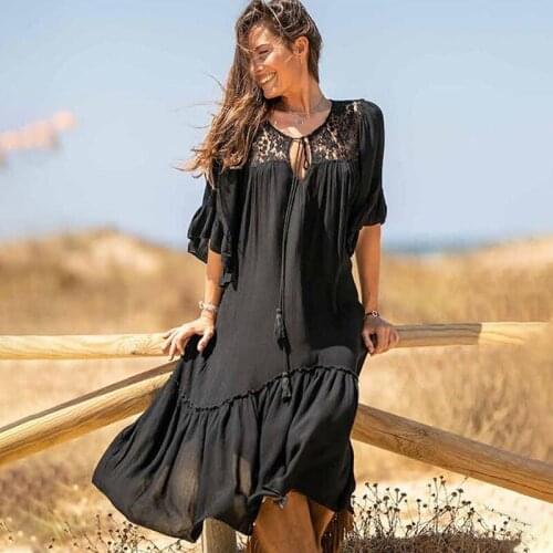 Casual Bikini Cover-ups Black Cotton Tunic Summer Beach Dress Women Plus Size Beach Wear Swim Suit Cover Up Robe de plage Q1157