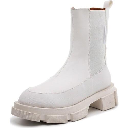 RASMEUP 2020 Fashion White Women Chelsea Boots Thick Bottom Short Booties Platform Autumn Shoes Woman Slip-on Motorcycle Boots