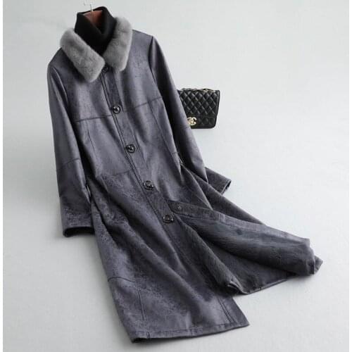 Real Faced Double Rabbit Fur Coat Female Real Leather Jacket Winter Coat Women Mink Fur Collar Warm Long Jackets MY4258 s