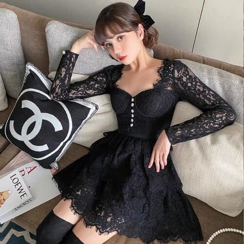 Turn Down Collar Long Sleeve Dress Women High Waist Hip A Line Vestidos Elegant Mesh Patchwork Temperament Robe Summer