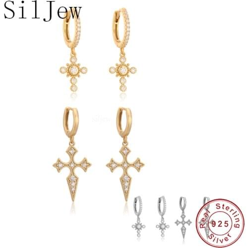 SilJew 925 Sterling Silver Earring Personalized Zircon Cross Short Pendant Ear Ring Ear Bone Trend Cute Female Girl Ear Jewelry
