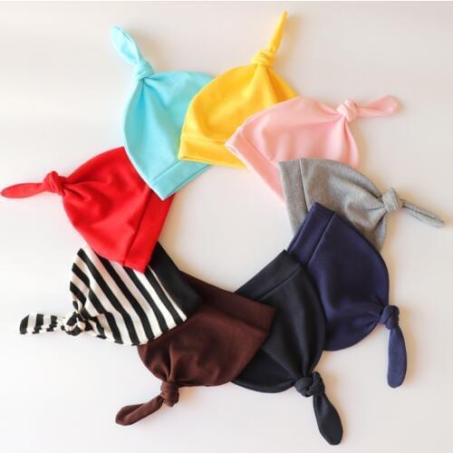 Adjustable Baby Hat Unisex Stripe Solid Color Cute Baby Cap Newborn Baby Soft Cotton Knot Beanies Toddler Girls Sleep Caps 0-6M