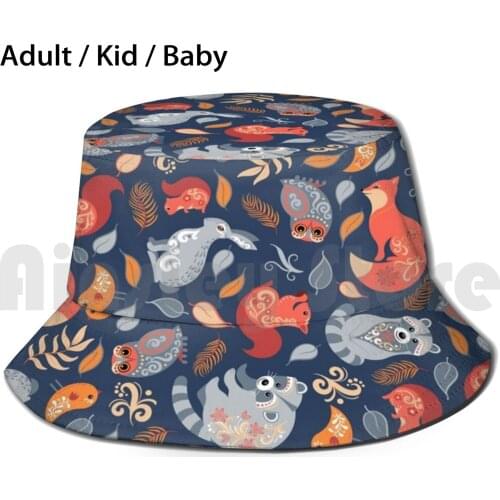 Fairy - Tale Forest. Scandinavian Design. Sun Hat 1331 Bucket Hat Fox Bear Raccoon Cute Animals Blue