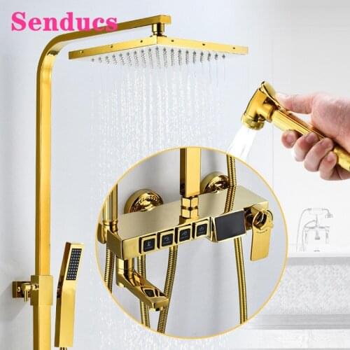 Thermostatic Bathroom Shower Set Senducs Gold Bathtub Mixer Faucet Rainfall Shower Head Quality Brass Gold Digital Shower Sets