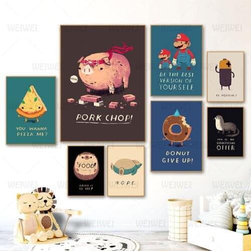 Wall Art Cartoon Pig Pizza Mario Battery Quotes Nordic Posters and Prints Canvas Painting Wall Pictures for Baby Kids Room Deco