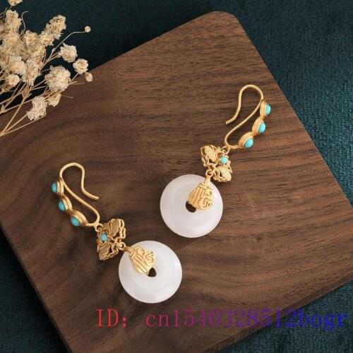 White Jade Doughnut Earrings Chalcedony Natural Crystal Charm Zircon Jewelry Amulet Gifts Agate Women 925 Silver Gemstone
