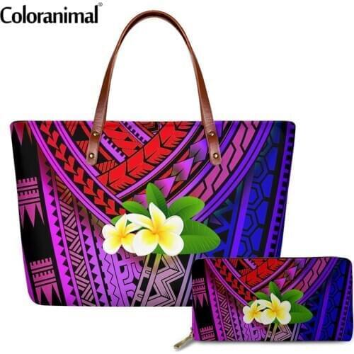 Coloranimal Ethnic Polynesian Plumeria Pattern Tote Handbag for Women 2Pcs/Set Shoulder Bag&Wallet Large Crossbody Bag Hot Sale