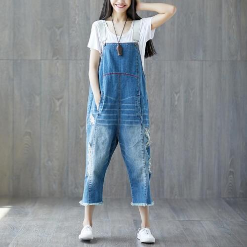New tassel women jumpsuit personality patchwork hole trousers washed plus size loose denim jeans basic fashion casual overalls