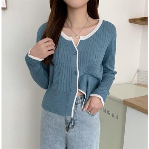 Fall 2021 Women Korean Style Contrast Color Single Breasted Knitted Cardigan Crop Top Outerwear Top Female Thin Coat Streetwear