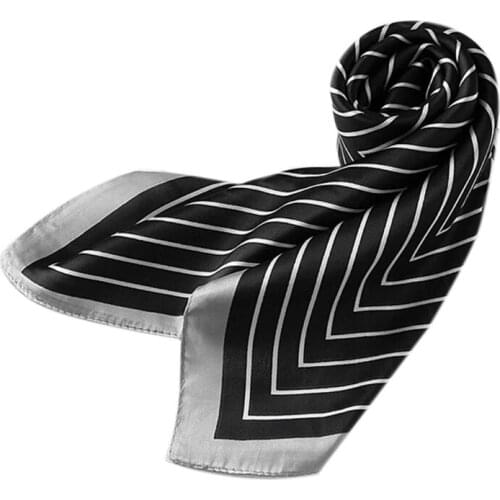 Women Silky Satin Square Scarf Contrast Color Striped Print Neckerchief Hairband