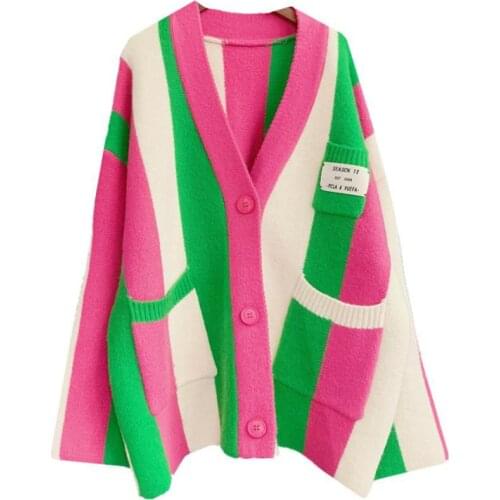 New Women Girl Fall Winter Cardigans Full Sleeve Knitted Sweaters V Neck Basic Knitwear Rainbow Jacket Loose Cardigans Tops