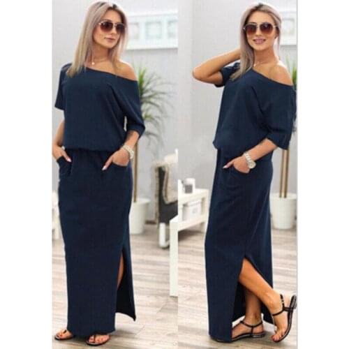 Women Boho Maxi Dress Sexy Summer Short Sleeve Side Slit Loose Evening Party Long Beach Dress With Pocket Vestidos 2021