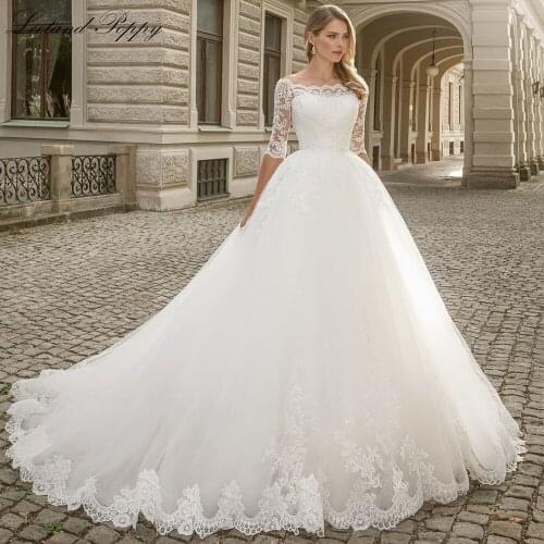 Lceland Poppy Womens A Line Boat Neck Tulle Wedding Dresses Half Sleeves Floor Length Tulle Bridal Gowns Vestido de Noiva