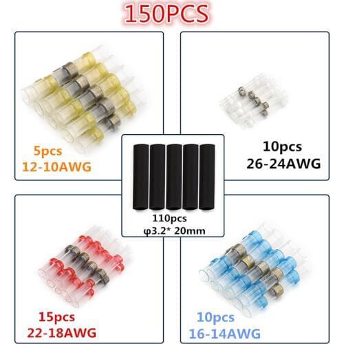 150pcs Insulated Wire Connector Heat Shrink Sordering Terminals Waterproof Solder Sleeve Tube + Heat Shrink Tubing Assortment