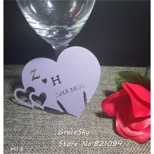 50pcs Free Shipping laser Cut Love Heart Wedding Party Decoration Personalized name Card Seat Invitation Cup Card for Wine Glass