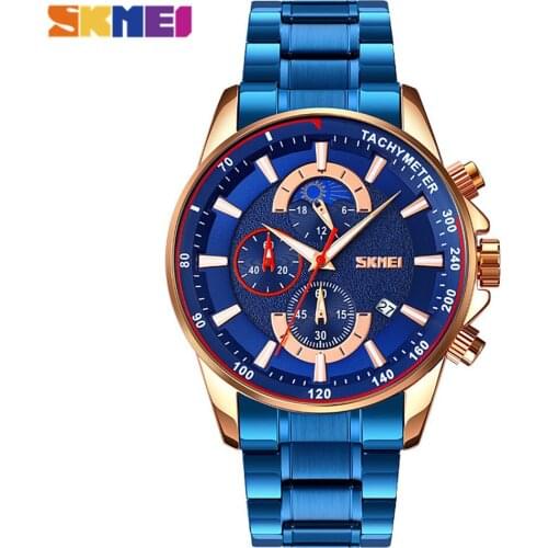 SKMEI Japan Quartz movement Full Steel Wristwatches Male Moon Phase Stopwatch Clock 3Bar Waterproof mens Watch Reloj hombre 9250