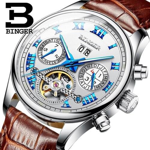 Top Brand BINGER Men Self Wind waterproof Leather Automatic Mechanical Watch Fashion Sapphire Waterproof Tourbillon Watch