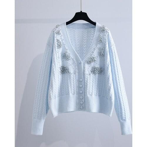 Solid Knitted Beaded Women Sweater Cardigan Winter New V-Neck Long-Sleeved Sweet Style Elegant Female Outwear Coats Tops