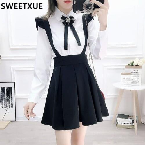 SWEETXUE Fashion Bow White Blouses + Suspender Skirt 2 Pieces Sets Women Preppy Style Lovely Tops High Waist Mini Skirts Suit