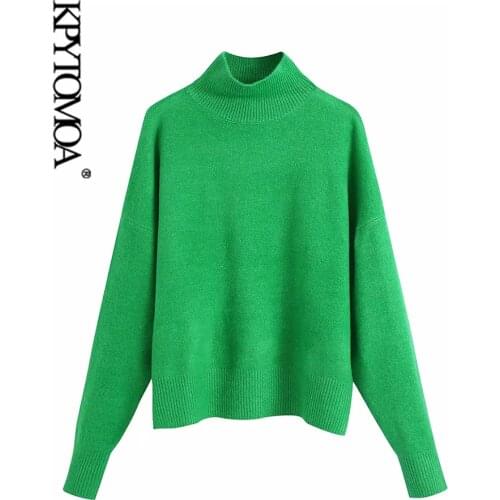 KPYTOMOA Women 2021 Fashion Soft Touch Loose Knitted Sweater Vintage High Neck Long Sleeve Female Pullovers Chic Tops