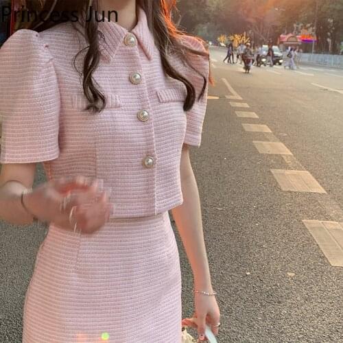 Sweet Girl Two Piece Pink Suits Single Breast Puff Sleeve Slim Shirt&High Waist Mini A Line Skirt Elegant 2pc Dress Sets Outfits