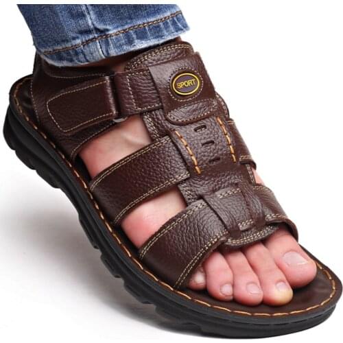 2021 Summer Men Slippers Genuine Leather Sandals Outdoor Casual Sandalias Hombre For Beach Shoes Hollow Chaussure Zapatillas