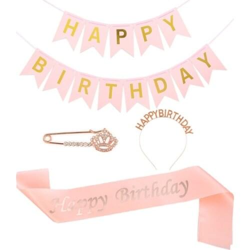 4 Pieces Happy Birthday Gifts Set Party Favors Headpiece Pin Flags Sash Multiple Color for Newborn Shower Boy Girl