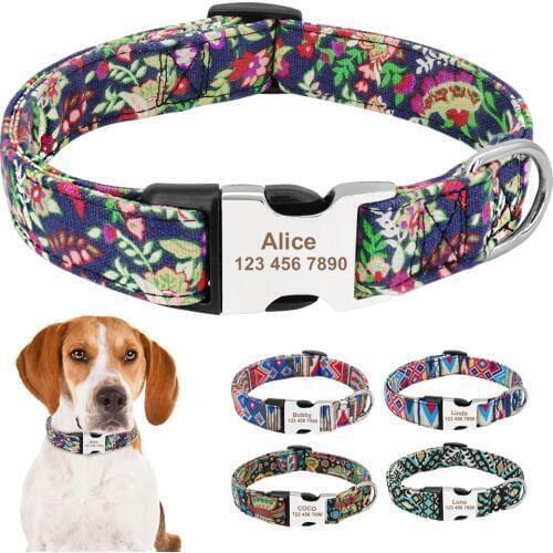 Nylon Print Dog Collar Personalized Pet Cat ID Tag Collars Custom Engraved Dogs Collars Adjustable For Small Large Dogs Pitbull