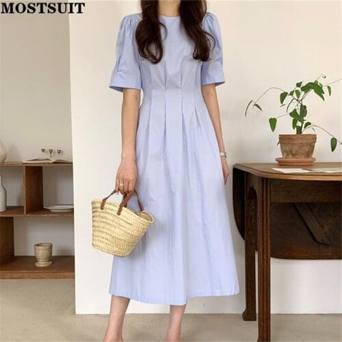 Solid Elegant Korean Long Dress Women Summer Puff Sleeve O-neck Belted A-line Dresses Korean Fashion Slim Waist Female Vestidos