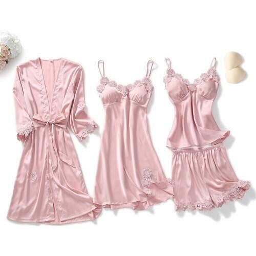 4 Piece/set Sleepwear Women Nightgowns Set Robes Satin Nightwear Sexy Hot Erotic Lingerie Silk Nighty Bridesmaid Sleepshirts