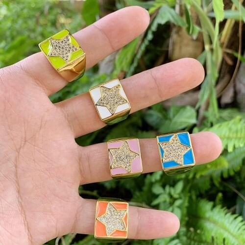 Square Shape CZ Star Carving Enamel Finger Ring Adjustable Brass Jewelry Fit For Girl/Women