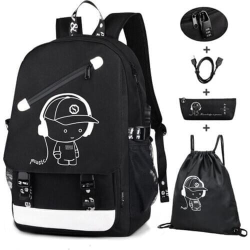New School Bags for Boys Fashion Laptop Backpack with USB Charging Port Bookbag for College Student Rucksack Black Travel Bag