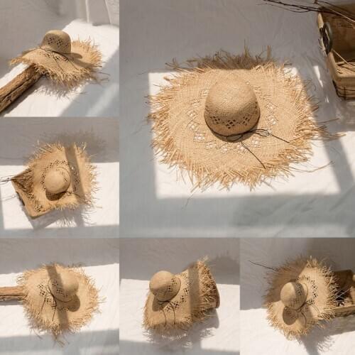Women Raffia Straw Sun Hat Big Brim Floppy Fringe Hollow Sunscreen Bucket Cap NEW