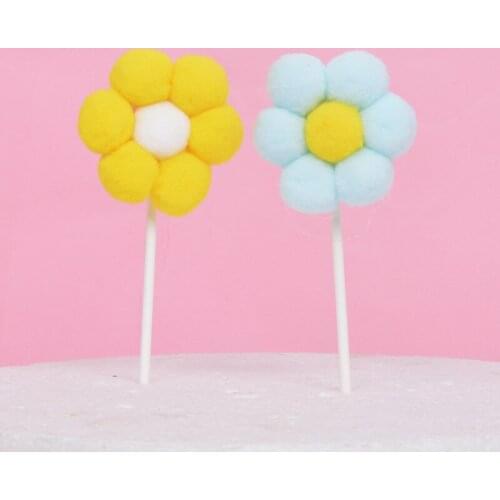 Happy Birthday Cake Topper Soft Pompom Flower Cake Decorations Baby Shower DIY Cake Top Flags Decoration Festival Party Supplies