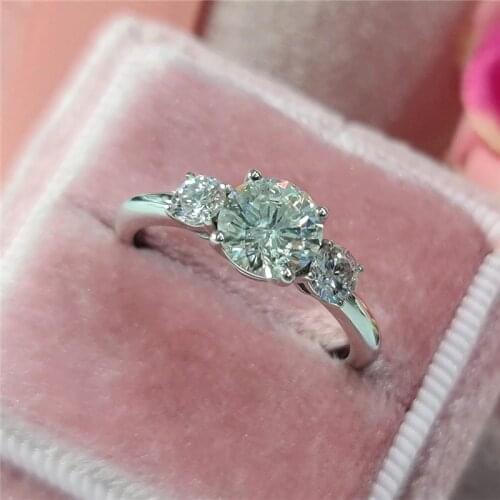 Three Stone Style Solid Real 14K White Gold 1.5ctw 7.5mm Round Brilliant Moissanite Engagement Halo Ring For Women Anniversary