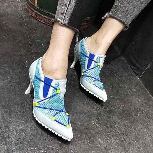 New Arrival Hollow out Women Pumps Shoes Mesh Surface Breathable Lace-Up High heel 5-8cmCM Cross-tied Casual Girls Shoes