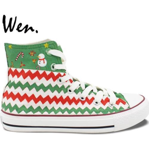 Wen Original Design Custom Hand Painted Shoes Christmas Green Pattern High Top Canvas Sneakers for Men Womens Christmas Gifts