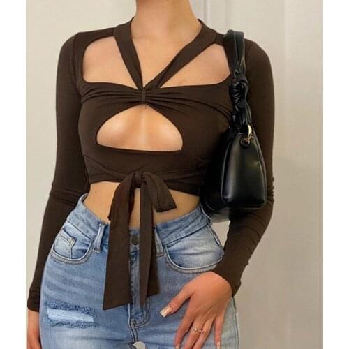 2021 Fashion Sexy Hollow Out Bandage Women T-Shirt Long Sleeve V Neck Skinny Crop Top Tie Up Slim Fit Short Tee Streetwear