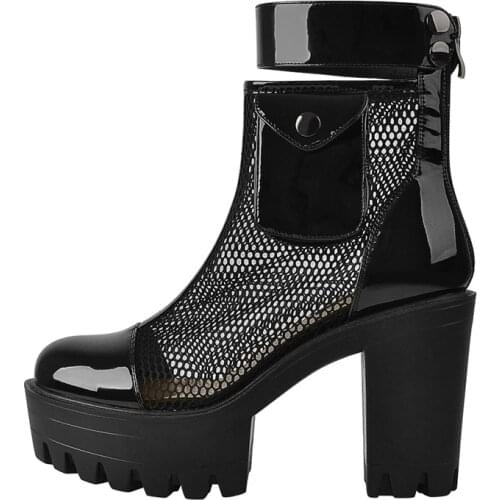 Onlymaker Womens Platform Chunky Heel Ankle Bootie Round Toe Black Air Mesh Shinning Patent Leather Back Zipper Detachable Belt