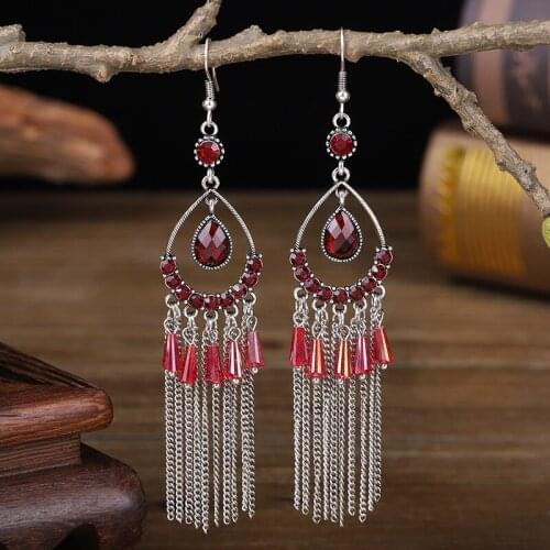 2021 Boho Summer Long Chain Tassel Water Earrings Womens Ethnic Blue Crystal Beads Crystal Beads Wedding Earrings Wholesale