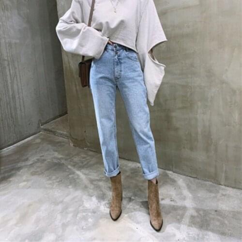 High Waist Washed Blue Women Jeans Loose Small Straight Elegant Office Lady Clothes All-match Washed Fashion Casual Pants 2021