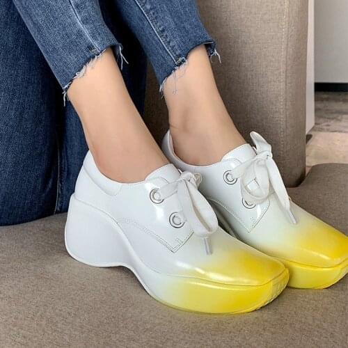 Womens Platform Real Leather Match Colors Chunky High Heel Pumps Shoes Oxfords Lace Up Retro High Quality New 2021