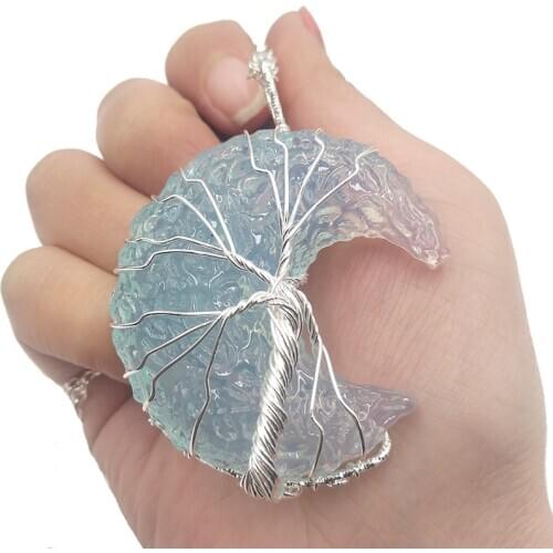 Handmade Dreamy Moon Pendant Necklace Creative Hand Woven Life Tree Gradient Blue Bumpy Moon Necklace For Women Birthday Gifts