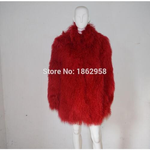 SJ001-01 Custom Hot Sale 80CM Length Warm Ukraine Mongolia Sheep Fur Overcoat Red