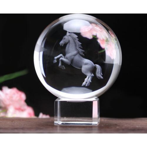 3D Laser Etched Zodiac Horse Crystal Ball New Miniature Glass Ball Sphere Home Art Decoration Animal Figurines Globe Accessory